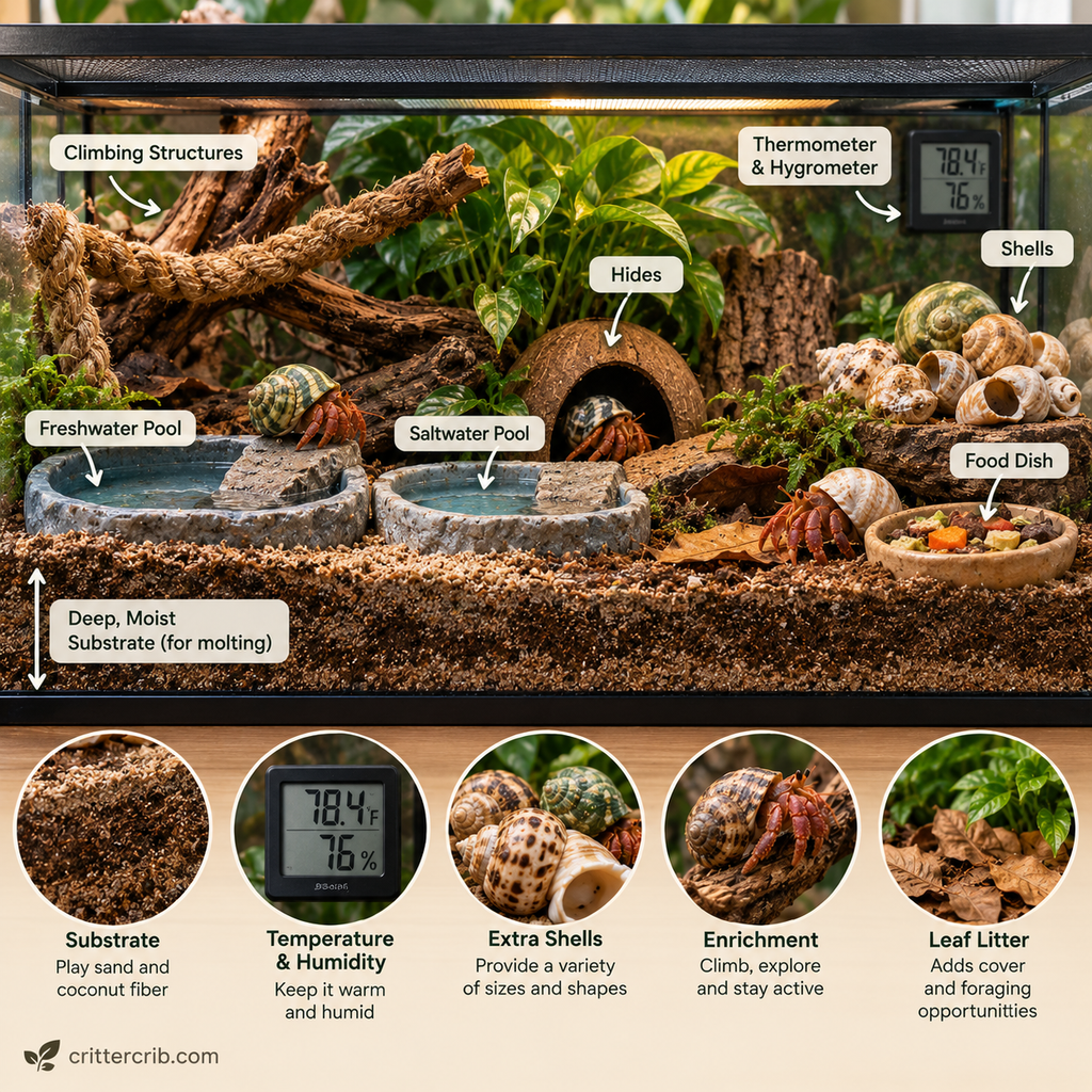 Hermit crab habitat setup with deep substrate, fresh and saltwater pools, extra shells, hides, climbing structures, and temperature and humidity gauge