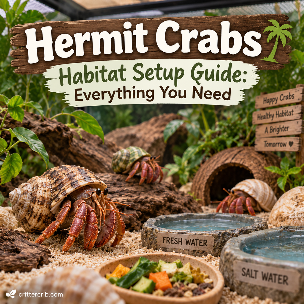 Hermit crab habitat setup with deep substrate, fresh and salt water pools, hides, climbing areas, and spare shells