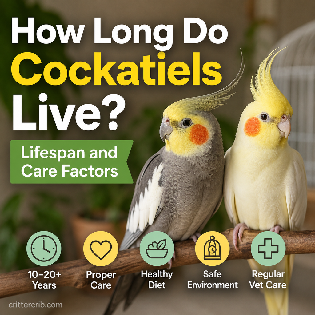 Two cockatiels illustrating their 10 to 20-plus year lifespan and important care factors for a healthy life.