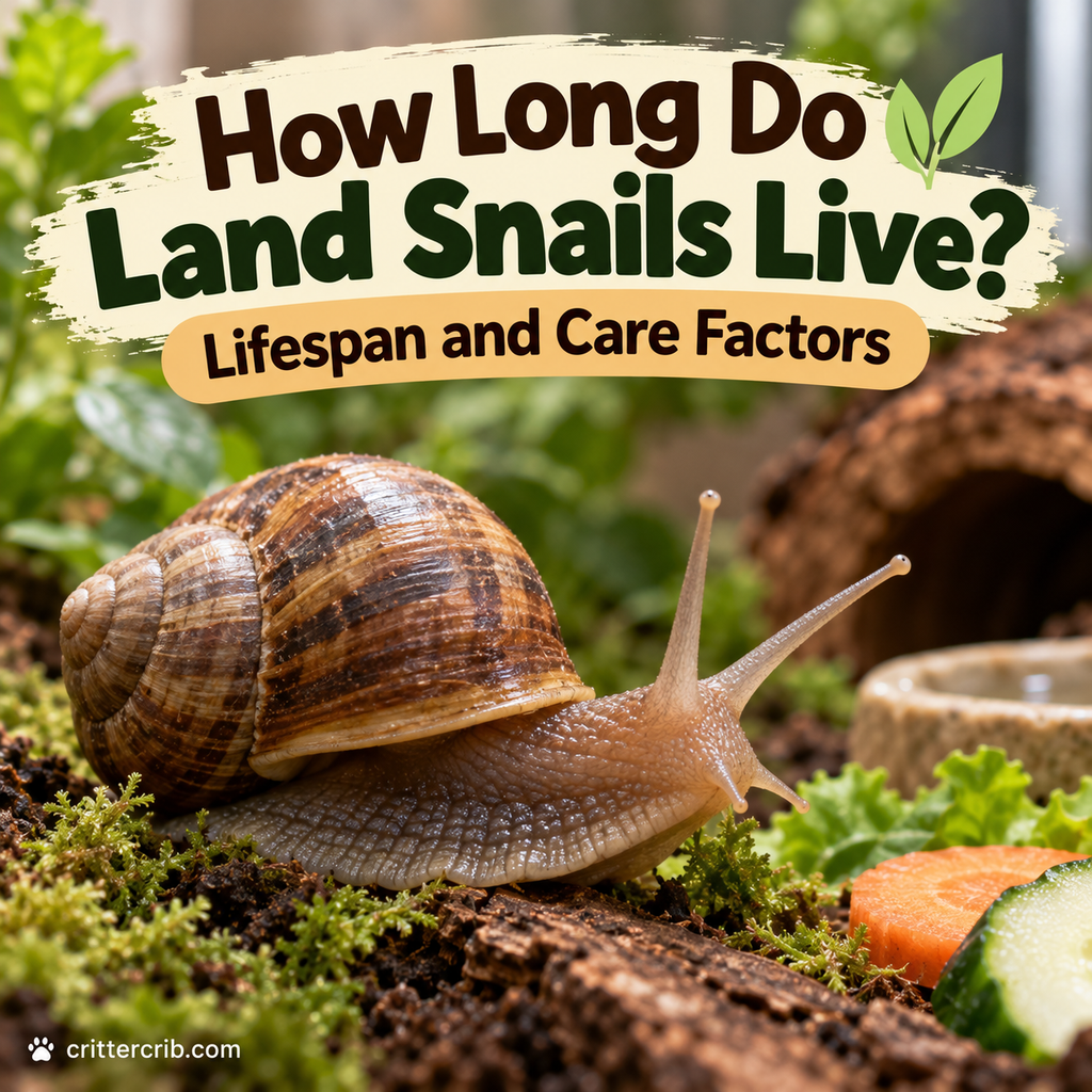 Land snail in a natural enclosure with moss, soil, cork bark, and fresh vegetables.