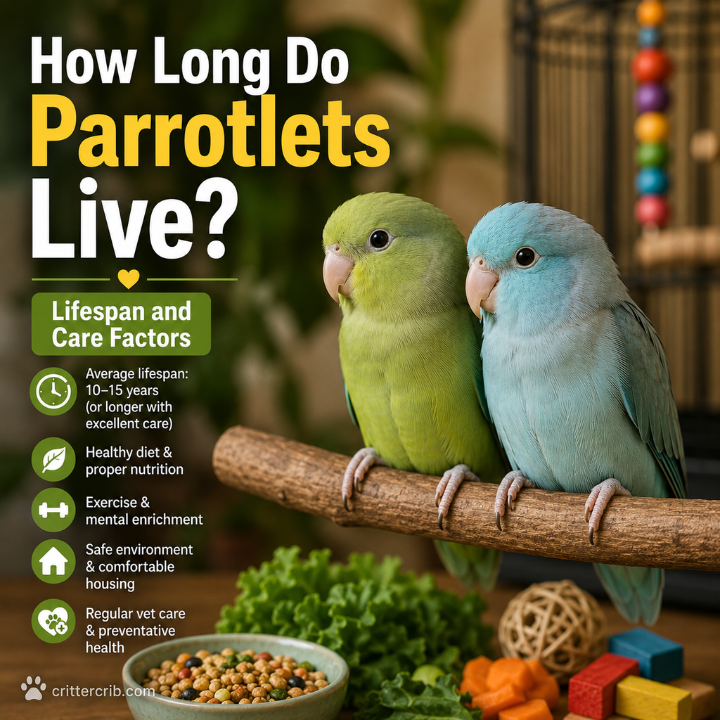 Two parrotlets with healthy food and enrichment illustrating lifespan and care factors