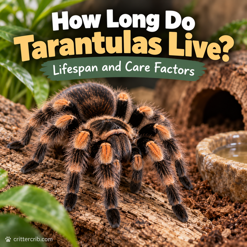 Tarantula in a natural terrarium enclosure with substrate, plants, a hide, and water dish.