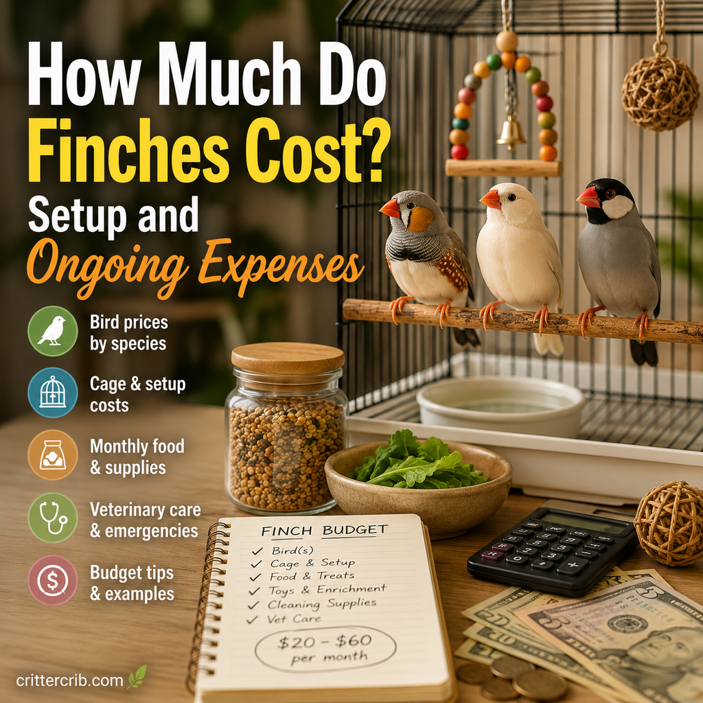 Pet finches with a cage, food, supplies, calculator, and budget showing the costs of keeping finches.