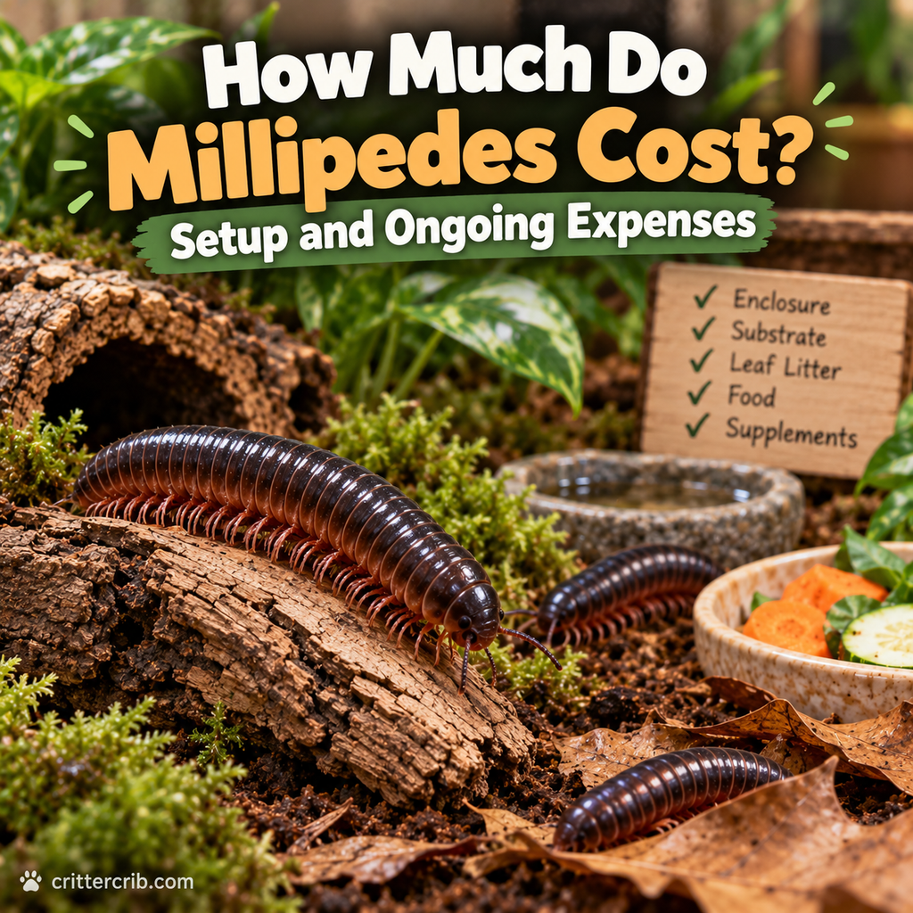 Pet millipedes in a natural enclosure with substrate, leaf litter, moss, food, water, and hides.