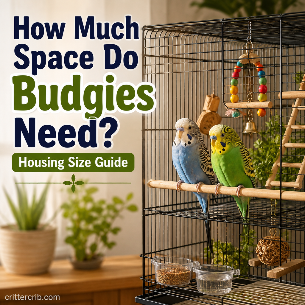 Two budgies in a spacious bird cage illustrating how much space budgies need and proper cage sizing.