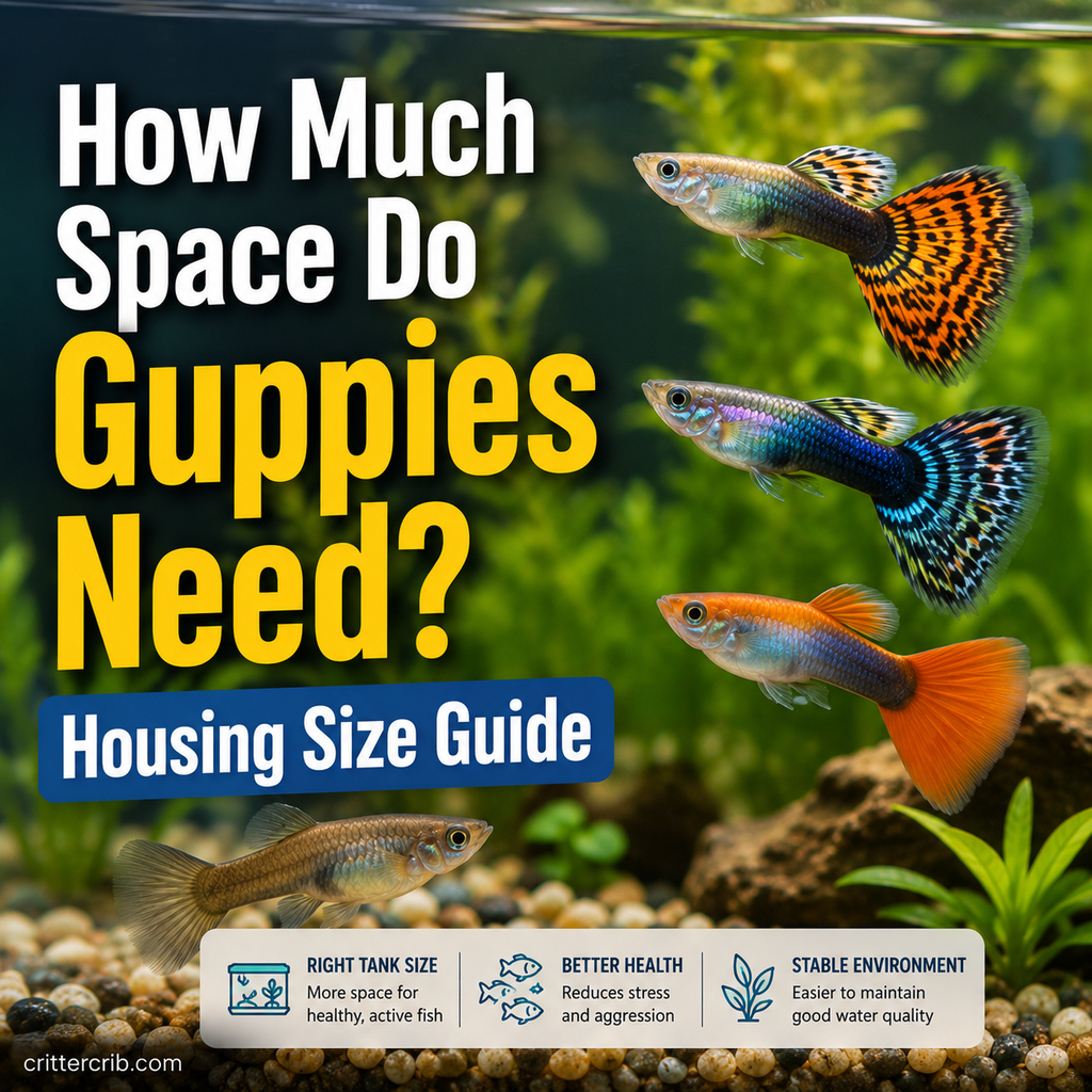 Colorful guppies swimming in a planted aquarium for a guppy tank size and housing guide