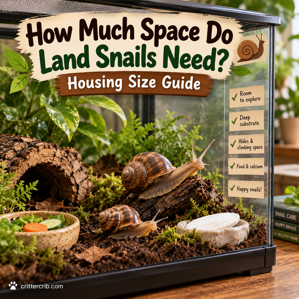 Land snails in a spacious natural enclosure with deep substrate, hides, food, and calcium