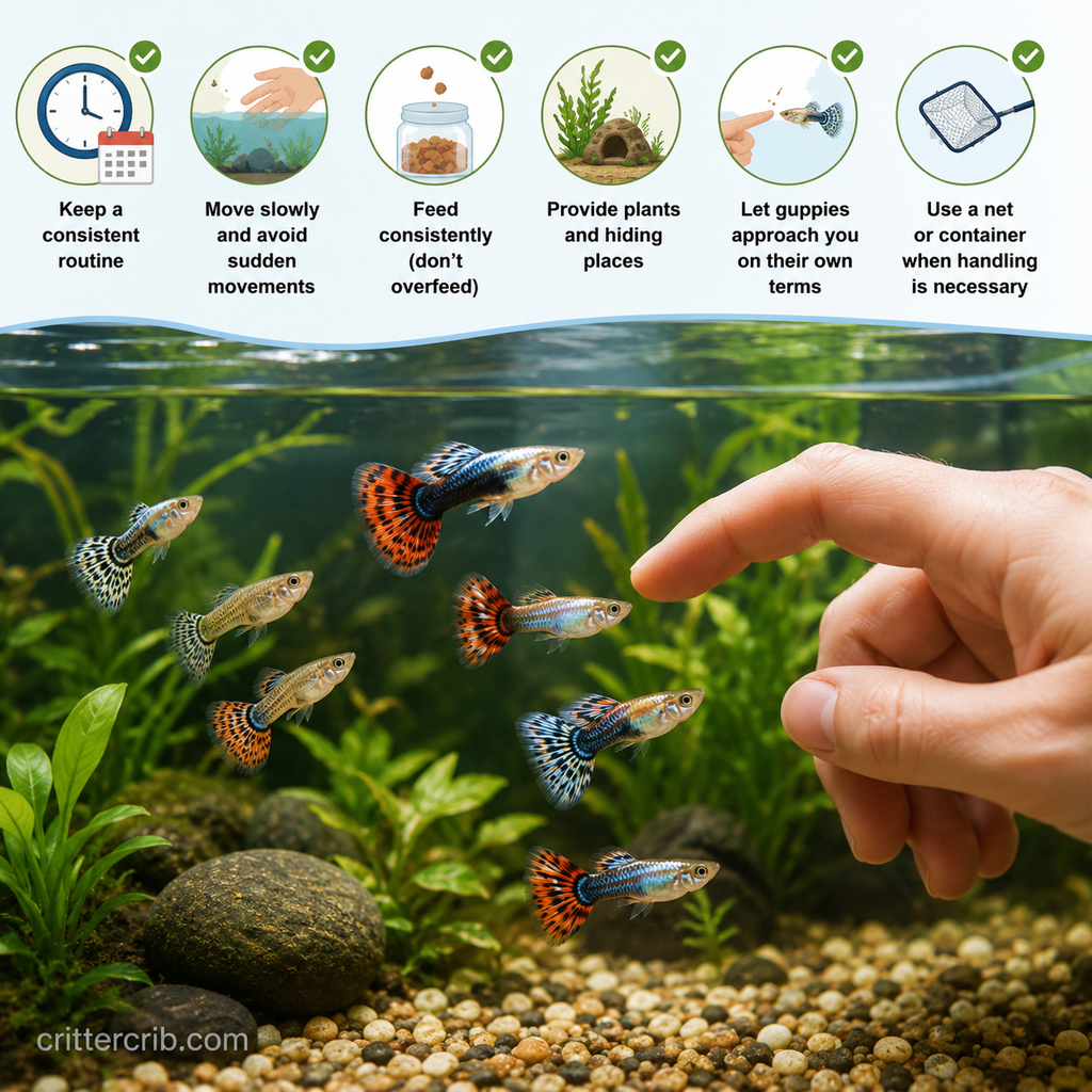 Guppies approaching a hand in a planted aquarium with safe handling and trust-building tips