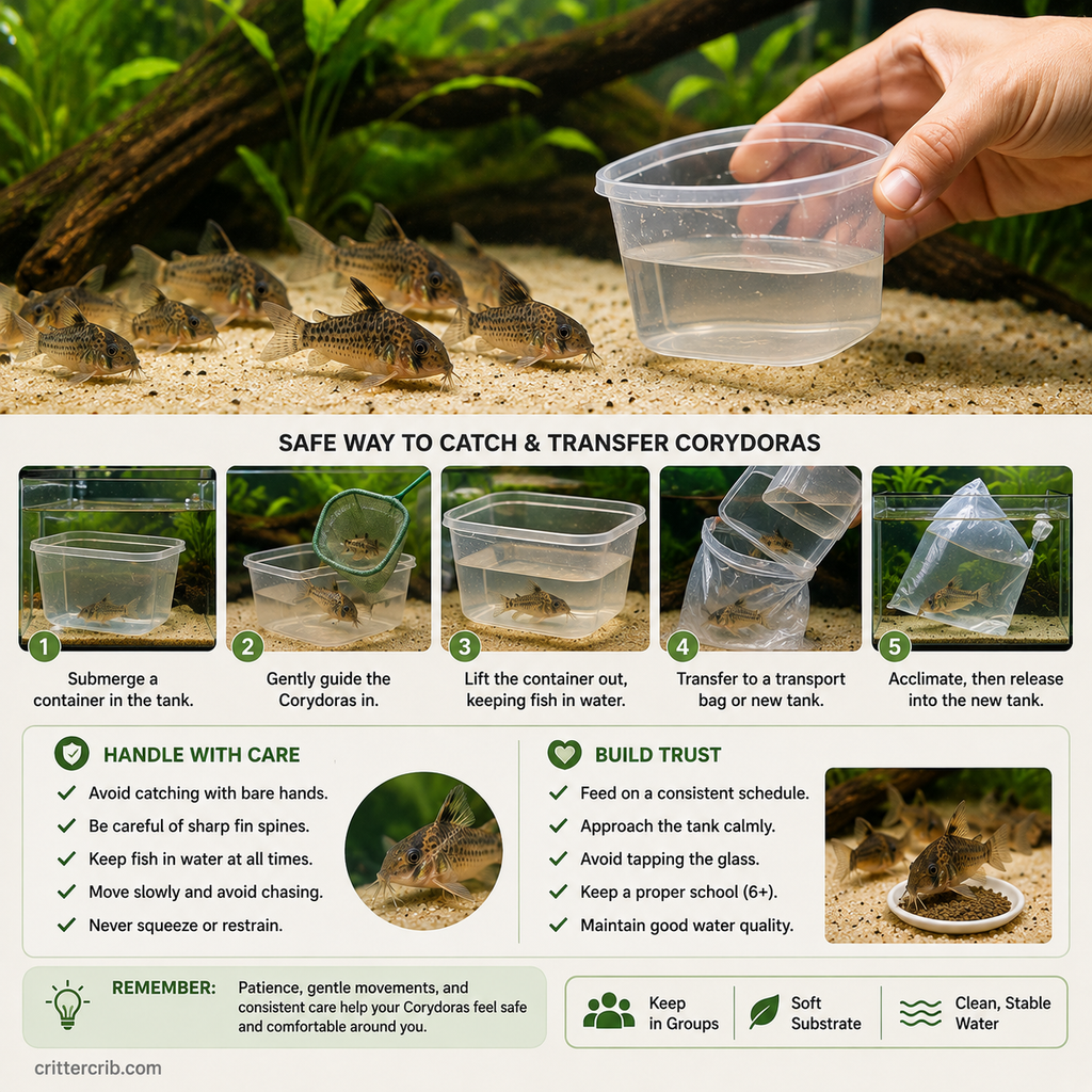Corydoras being gently guided into a submerged container for a safe aquarium transfer
