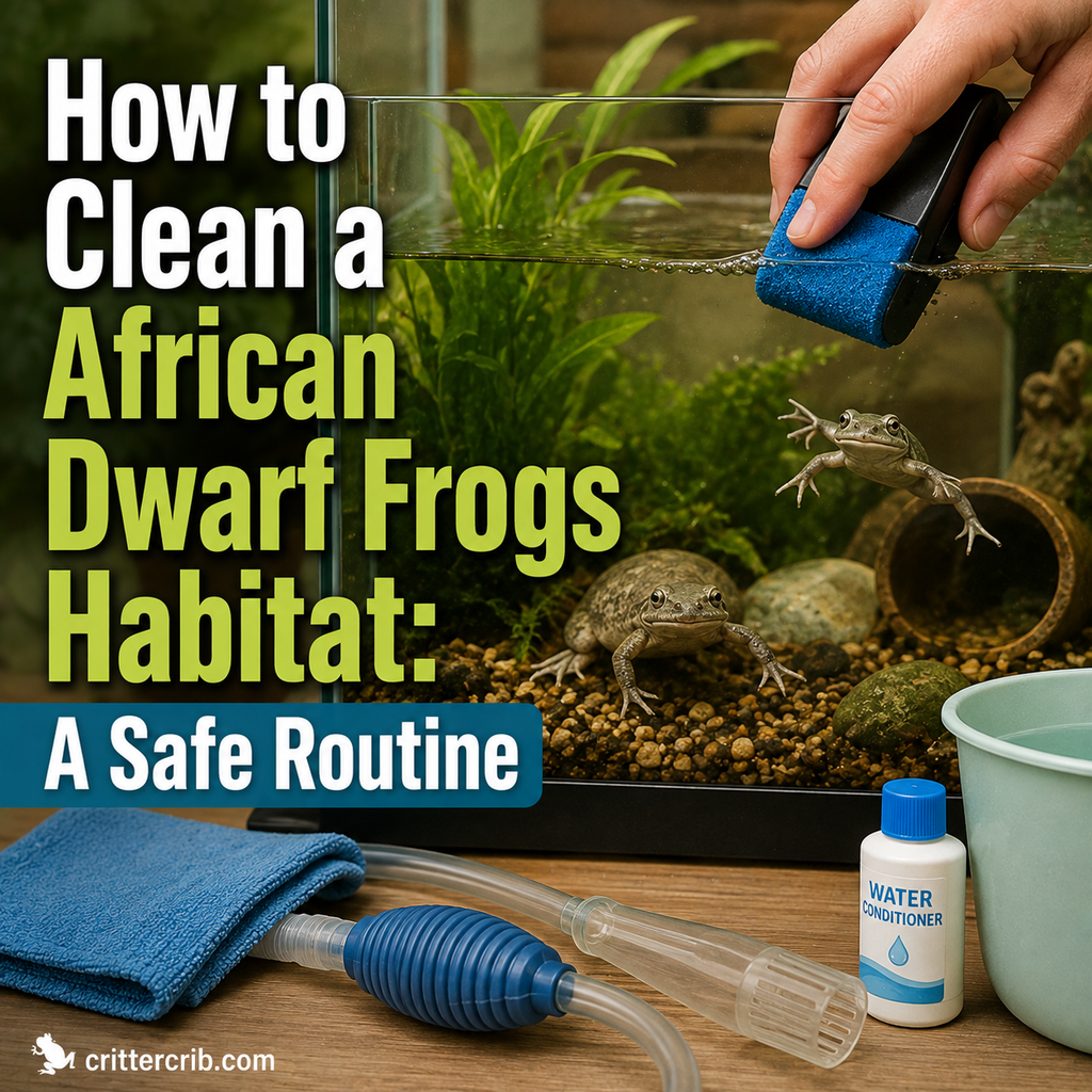 Cleaning an African dwarf frog aquarium with a siphon, algae cleaner, and water conditioner