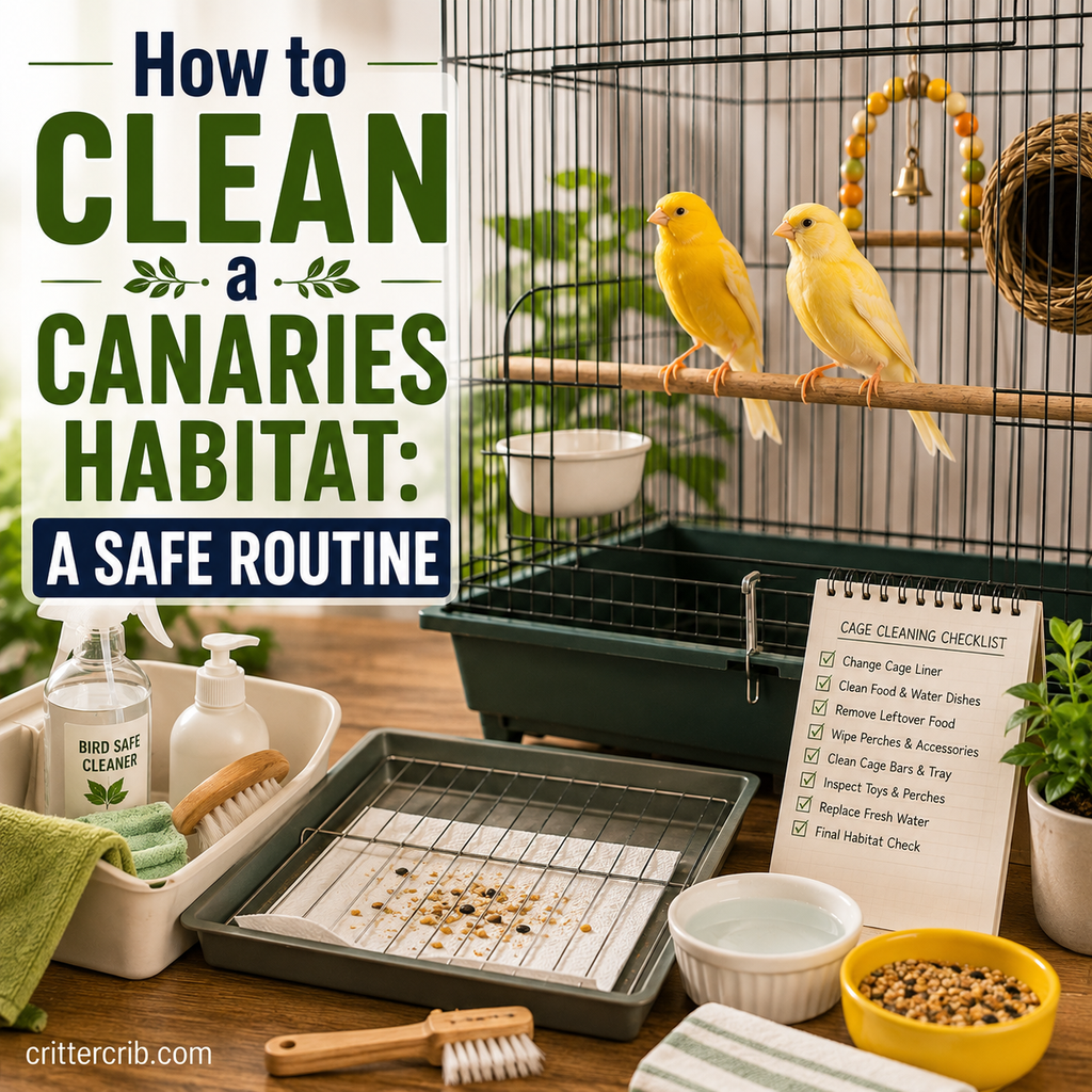 Canaries in a clean bird cage with cage liner, food bowls, brushes, and bird-safe cleaning supplies.