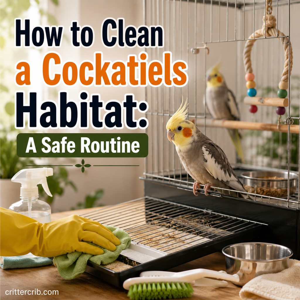 Cockatiel beside a bird cage being cleaned with a cloth as part of a safe habitat cleaning routine.
