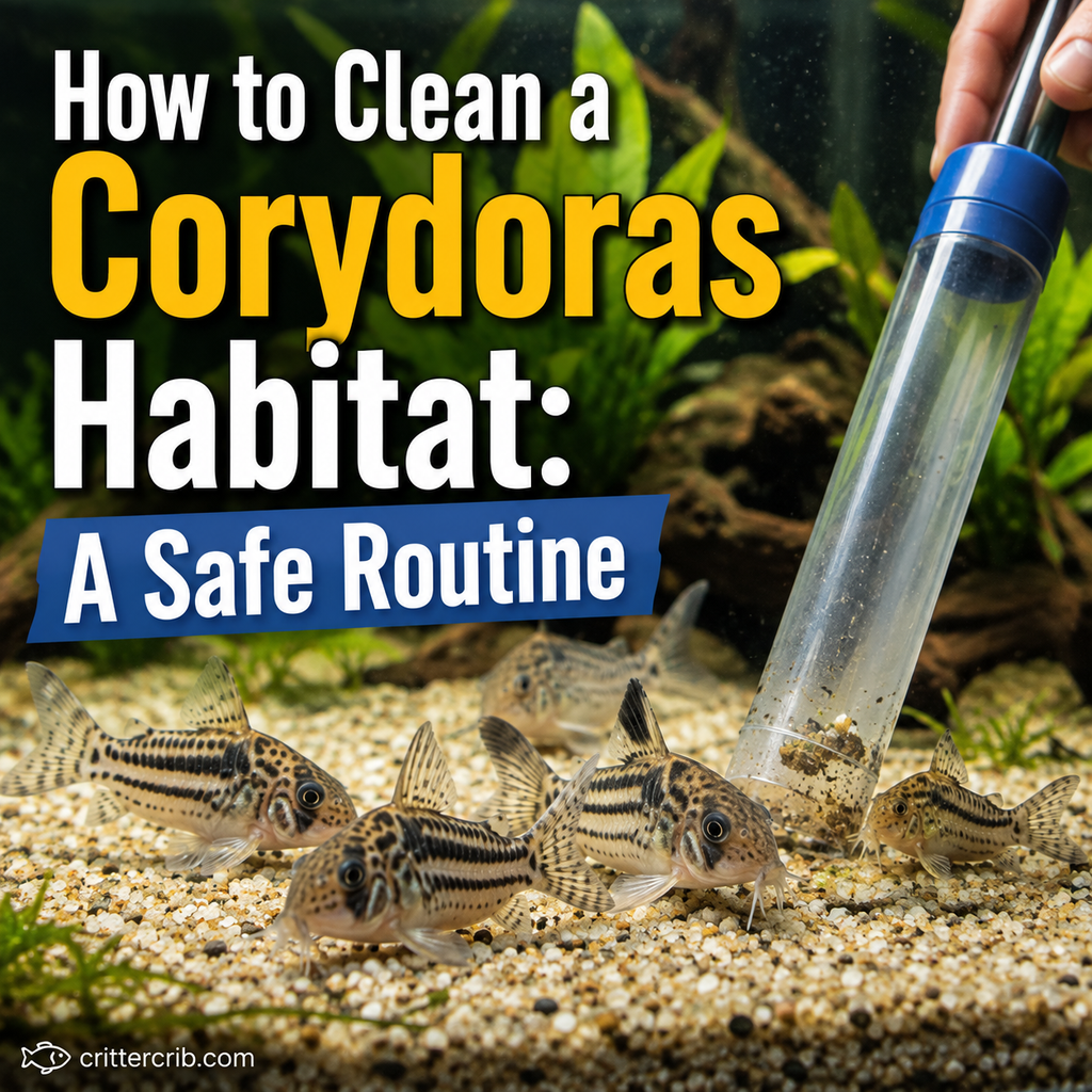 Corydoras catfish in an aquarium while the substrate is safely cleaned with an aquarium siphon