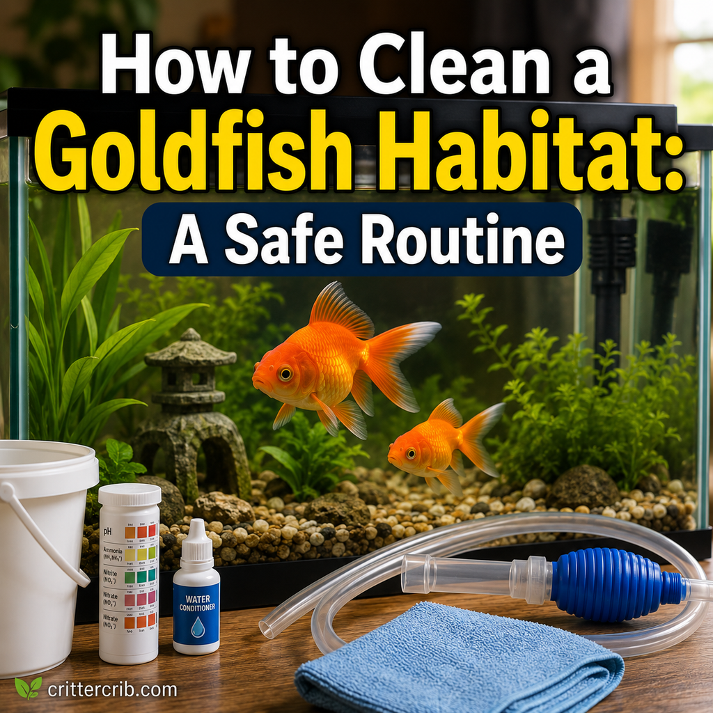 Goldfish aquarium with gravel vacuum, water conditioner, test kit, and cleaning supplies for safe tank maintenance