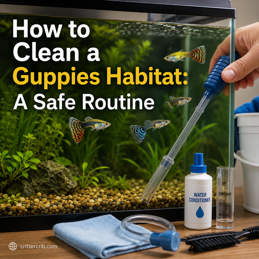 Cleaning a guppy aquarium safely with a gravel vacuum during routine tank maintenance