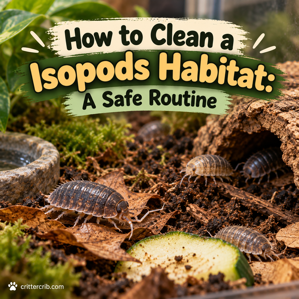 Isopods in a natural habitat with moist substrate, leaf litter, moss, cork bark, and food