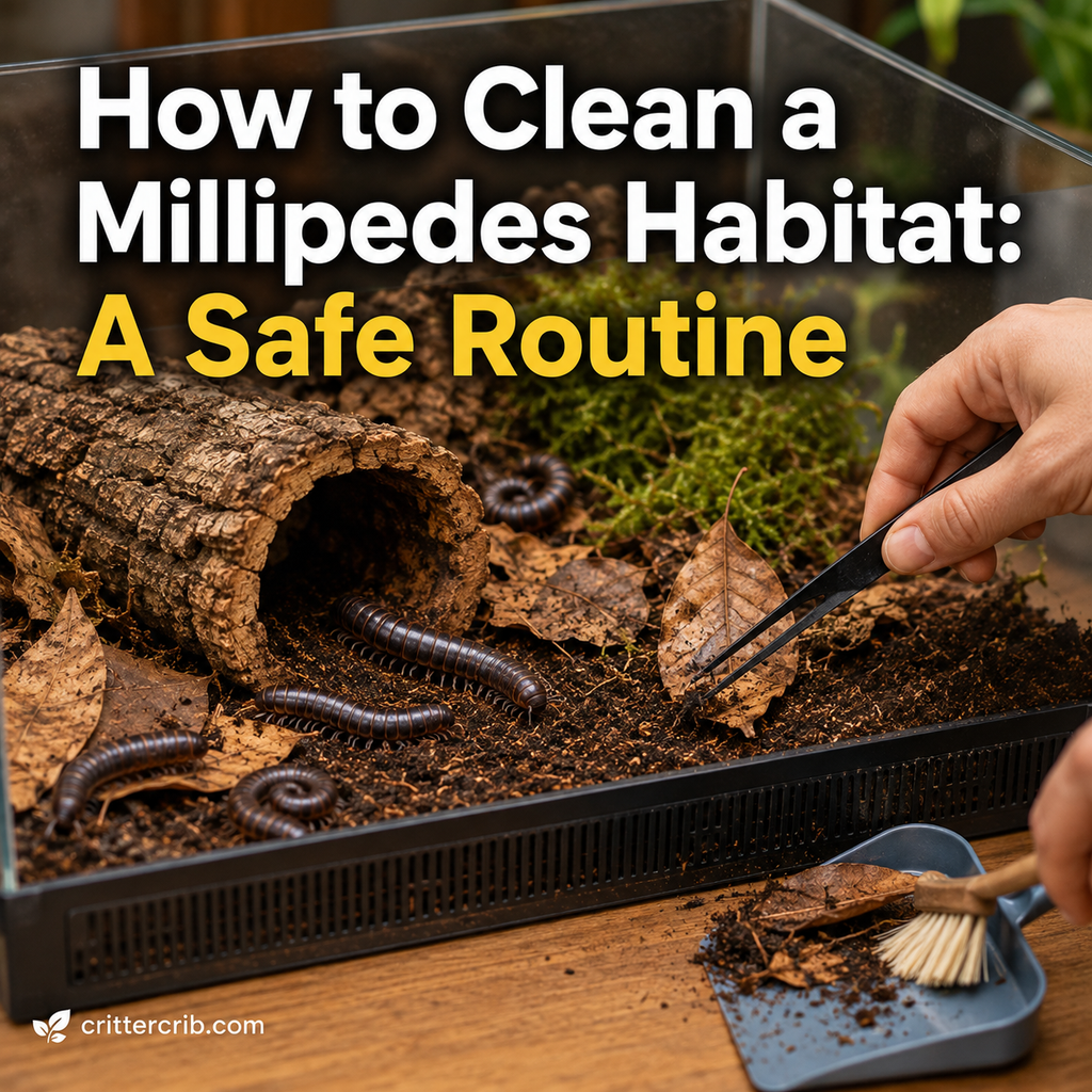 Cleaning a millipede habitat by removing old food and debris while leaving healthy substrate undisturbed