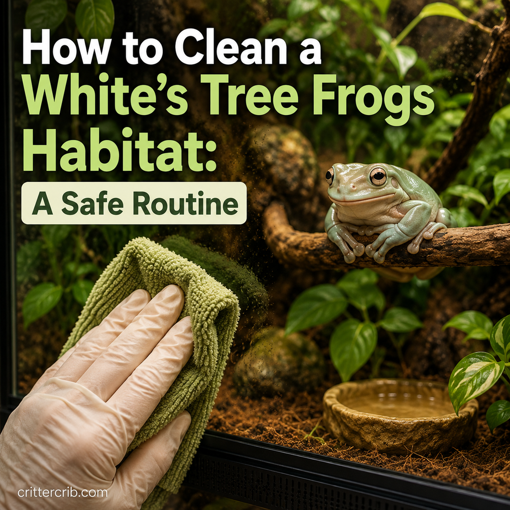 White's tree frog in a terrarium while the habitat glass is being safely cleaned