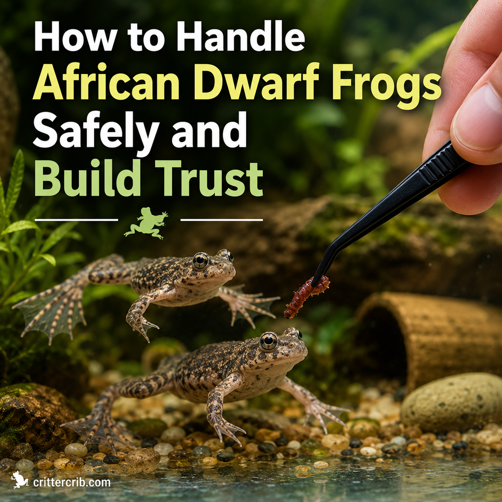 African dwarf frogs approaching feeding tongs underwater as part of a safe trust-building routine
