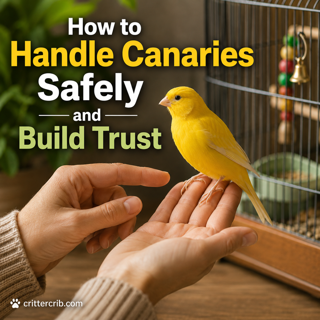 Yellow canary calmly perched on a person's hand during gentle handling