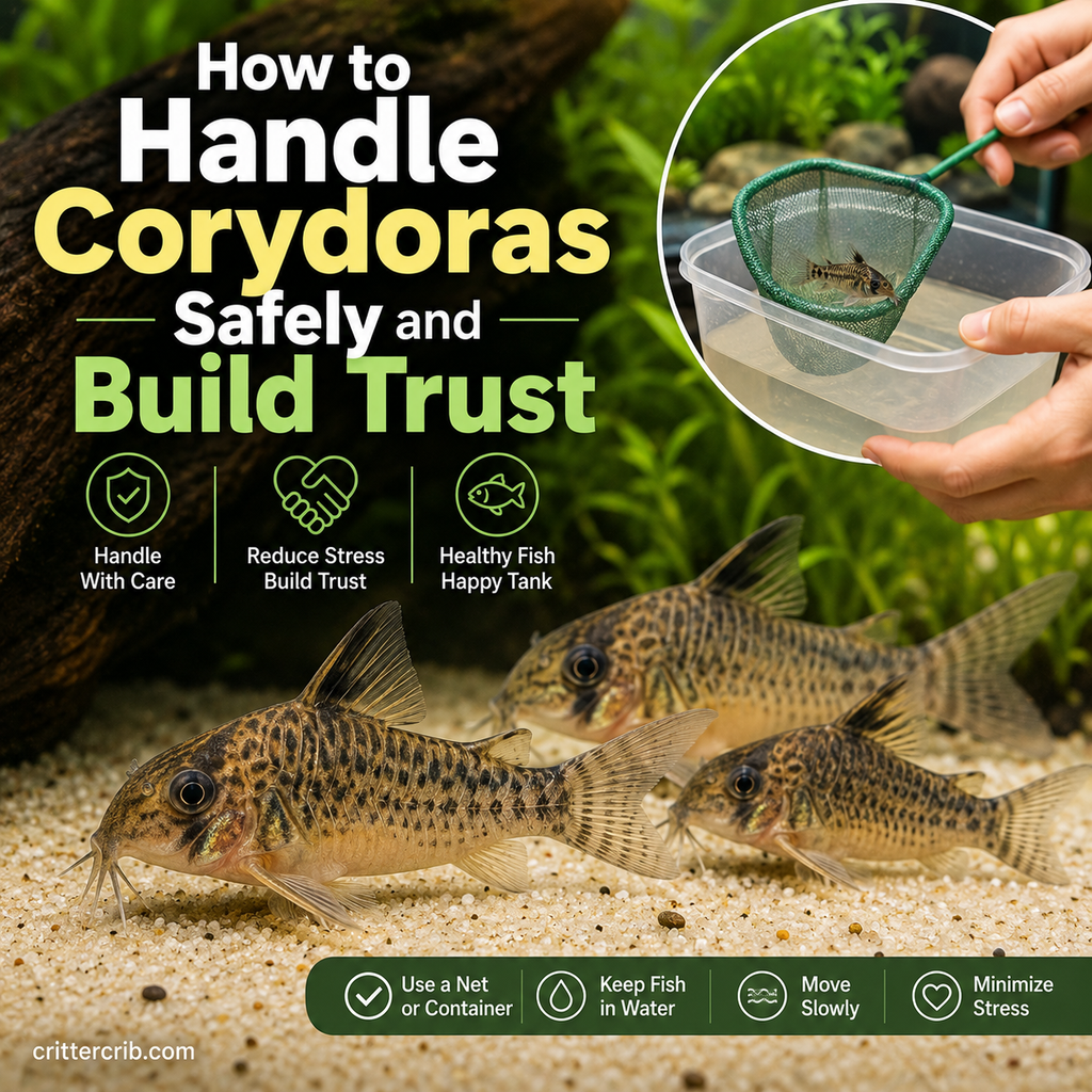 Corydoras catfish in a planted aquarium with a container and net used for safe fish transfer
