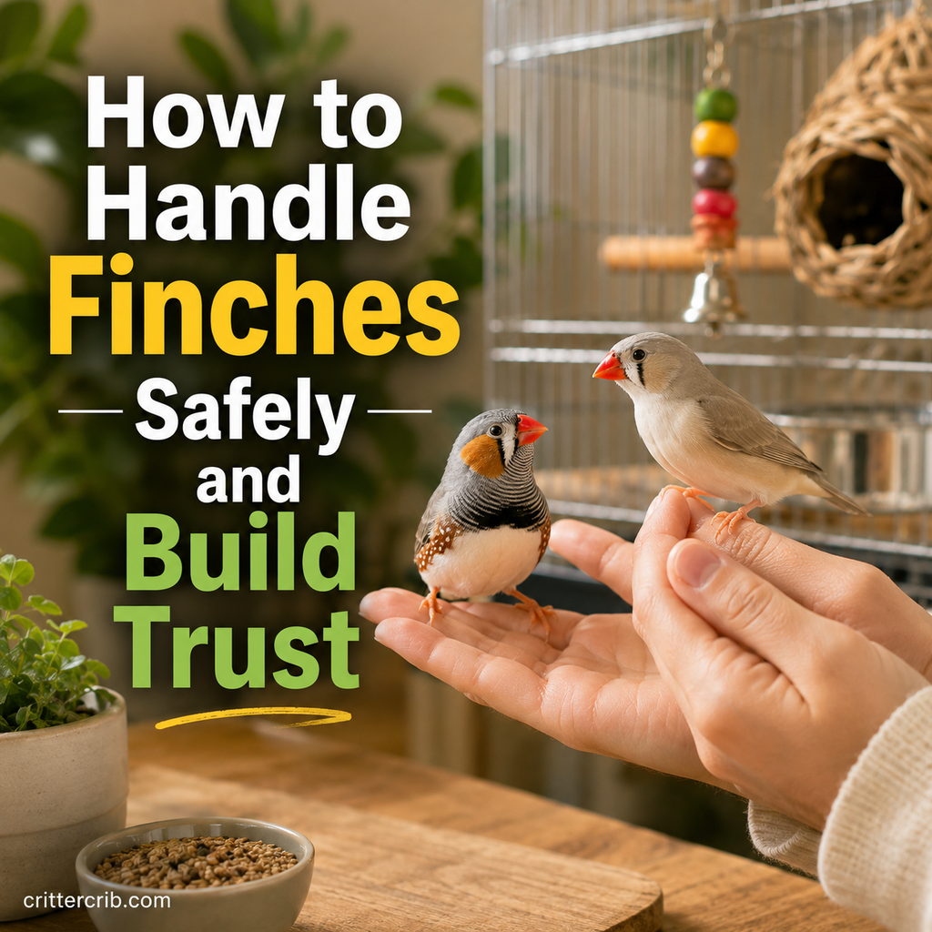 Two pet finches calmly perched on a person's hands near their cage during gentle trust-building interaction.