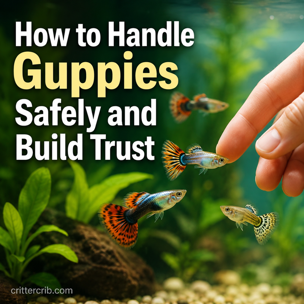 Colorful guppies swimming near a person's hand in a planted aquarium