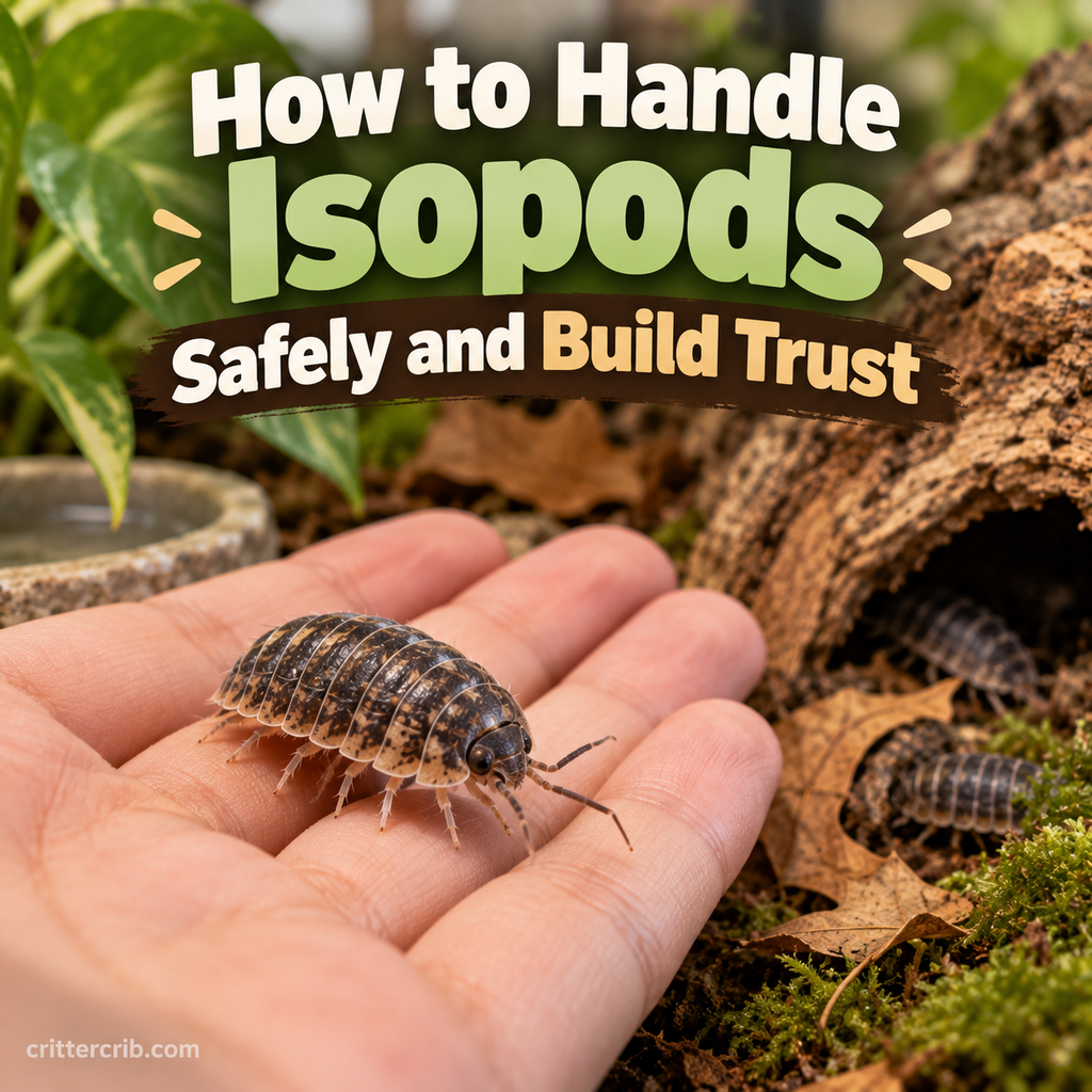 Isopod being gently handled on an open hand beside a natural terrarium