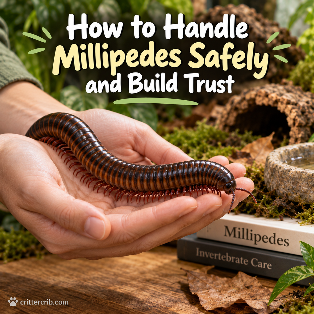 Pet millipede being gently supported in two hands during safe handling