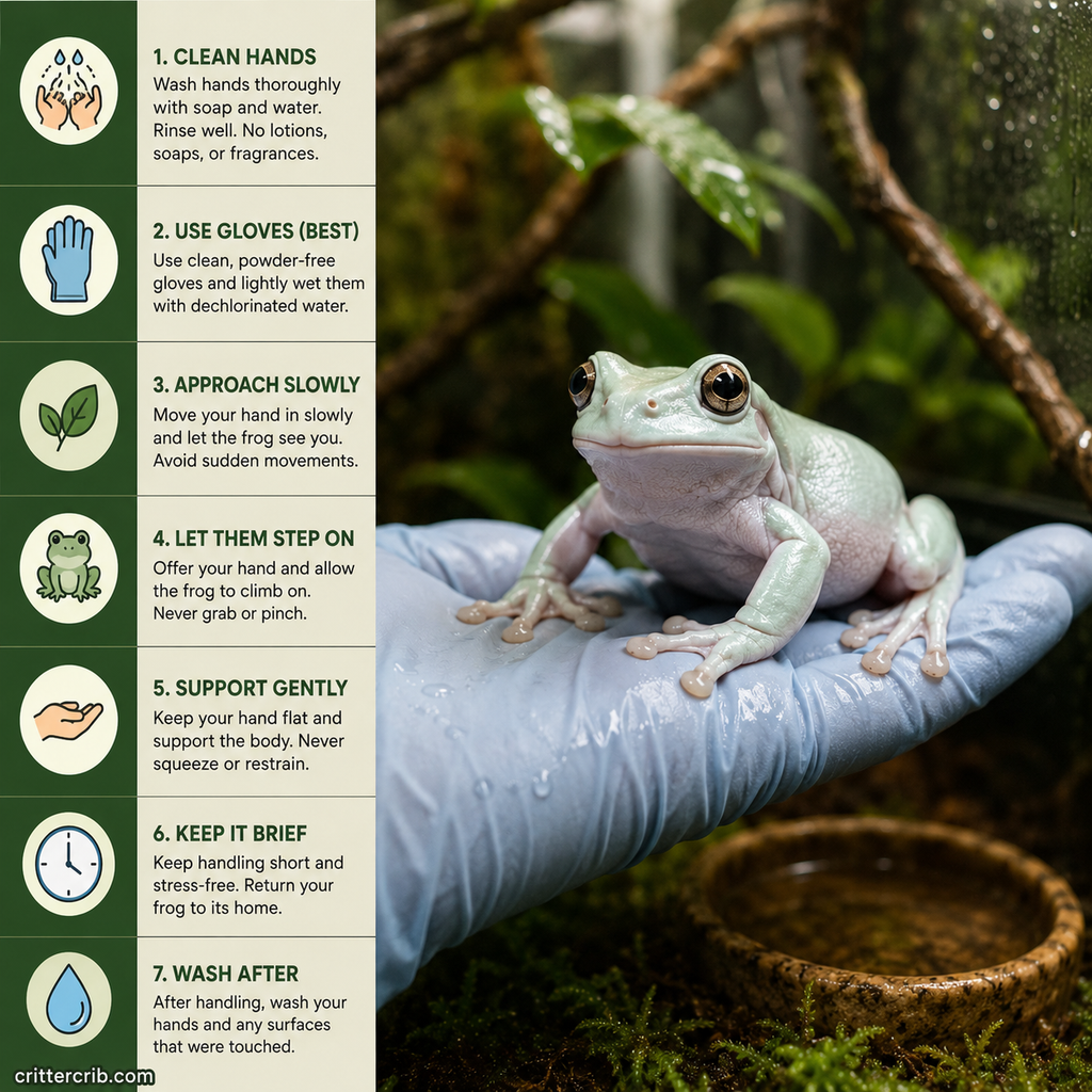 White's tree frog being safely handled with damp gloves using gentle handling techniques