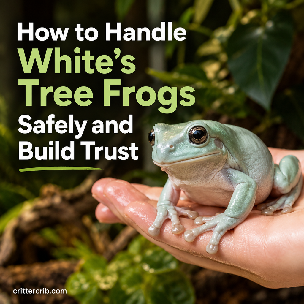 White's tree frog resting on a person's hand during gentle, careful handling