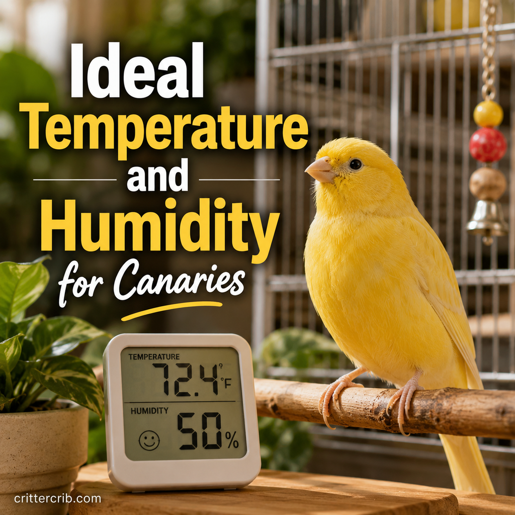Yellow canary beside a digital thermometer and hygrometer showing comfortable indoor temperature and humidity levels.