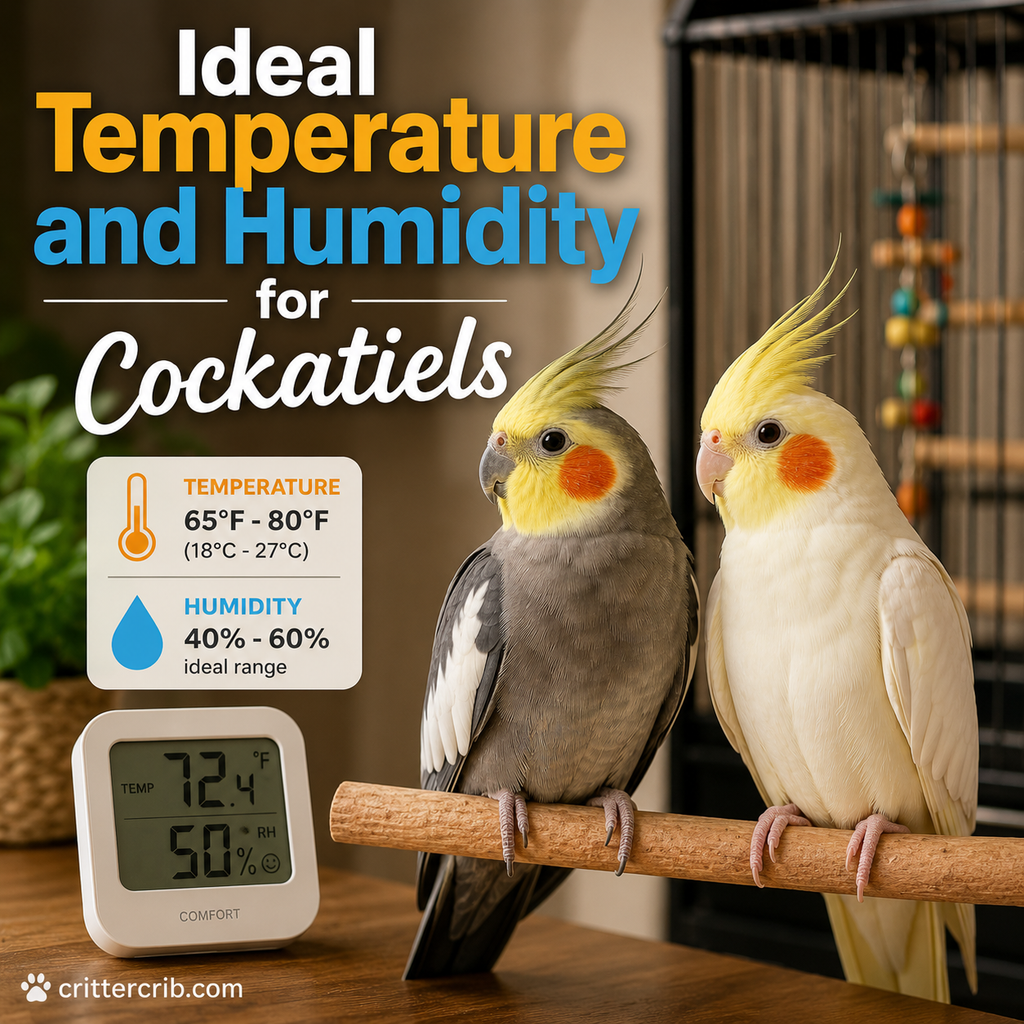 Two cockatiels with a thermometer and humidity monitor in a comfortable indoor environment