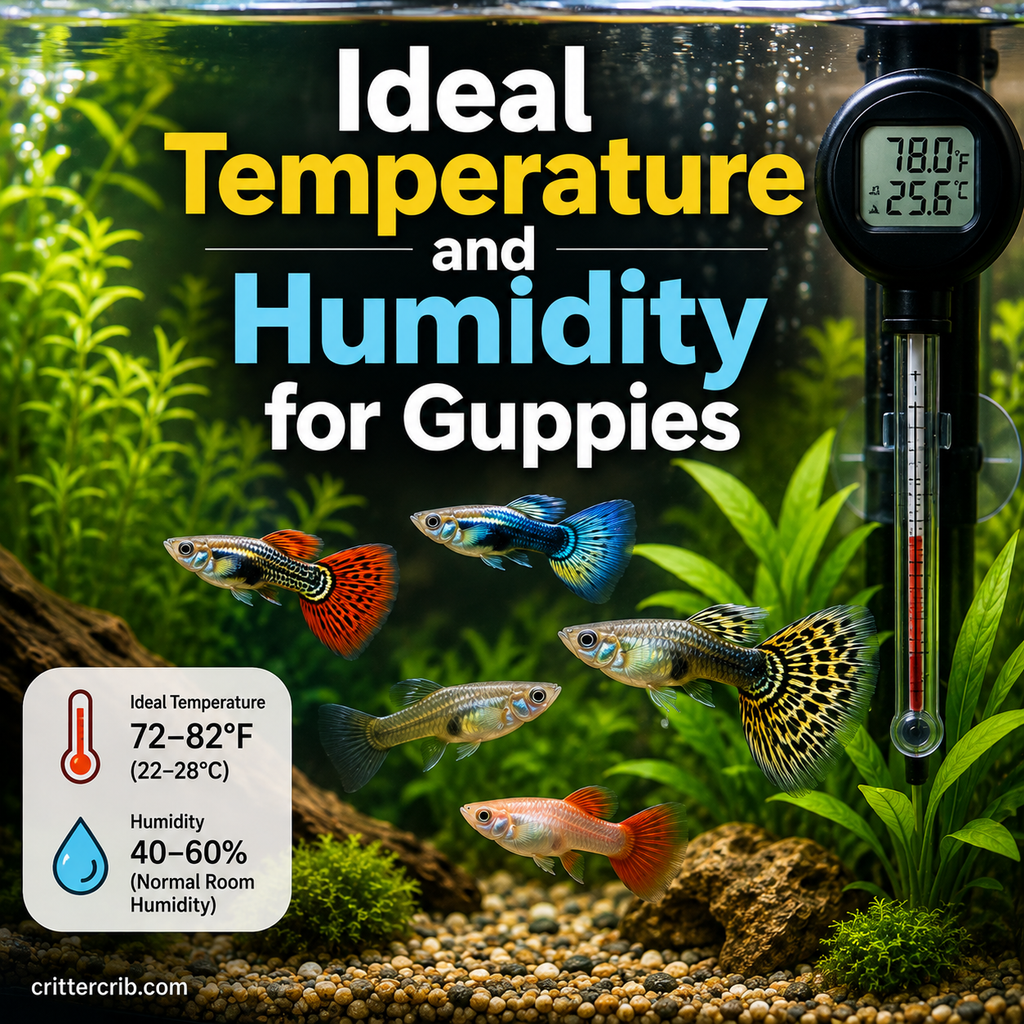Colorful guppies swimming in a planted aquarium with a thermometer monitoring water temperature
