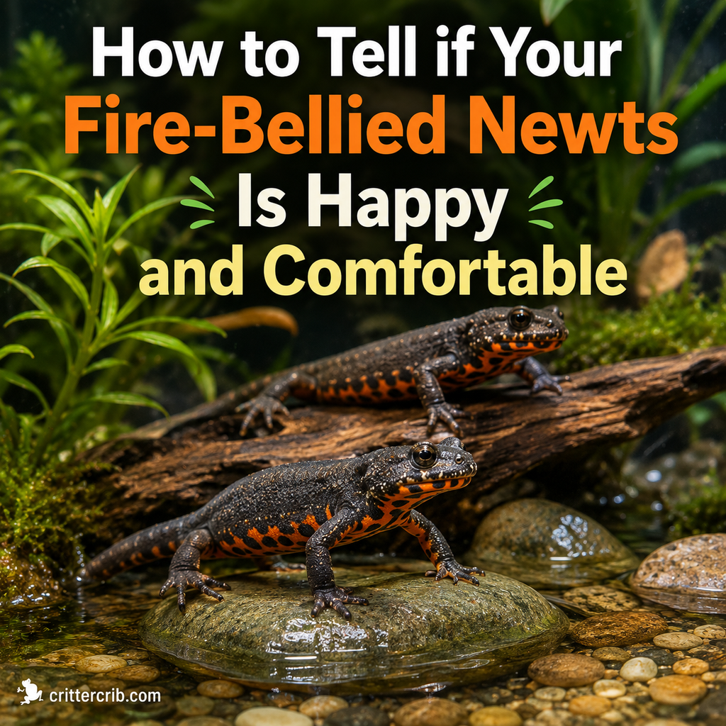 Healthy fire-bellied newts exploring a natural aquarium with plants, water, rocks, and hiding areas