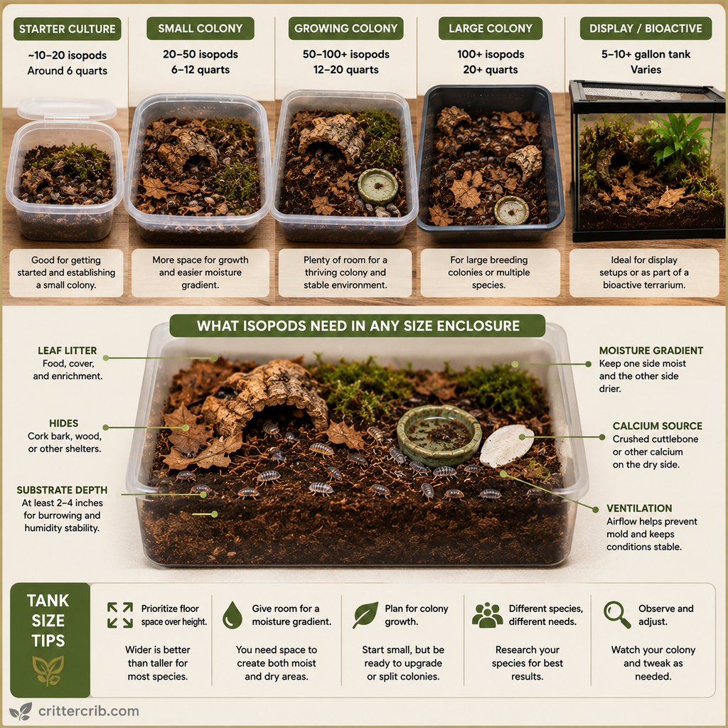 Isopod enclosure size guide showing housing for starter cultures, growing colonies, and bioactive setups