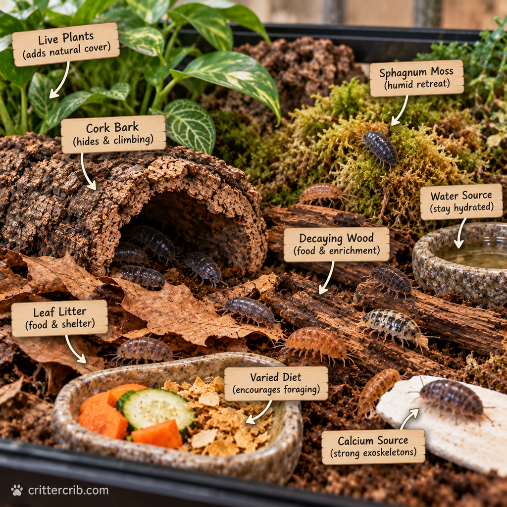 Isopod enclosure with leaf litter, cork bark, moss, decaying wood, plants, varied food, water, and calcium.