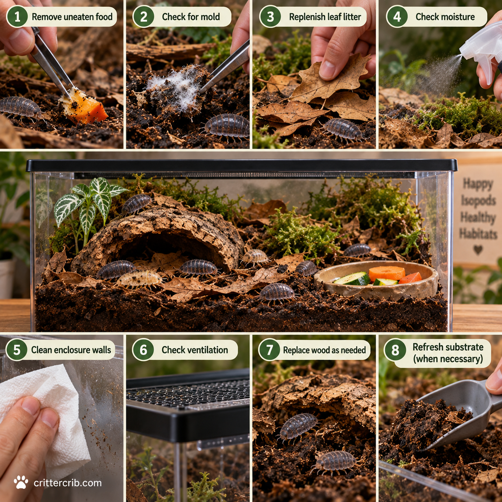 Safe isopod habitat cleaning routine including removing old food, checking mold, adding leaf litter, and maintaining moisture