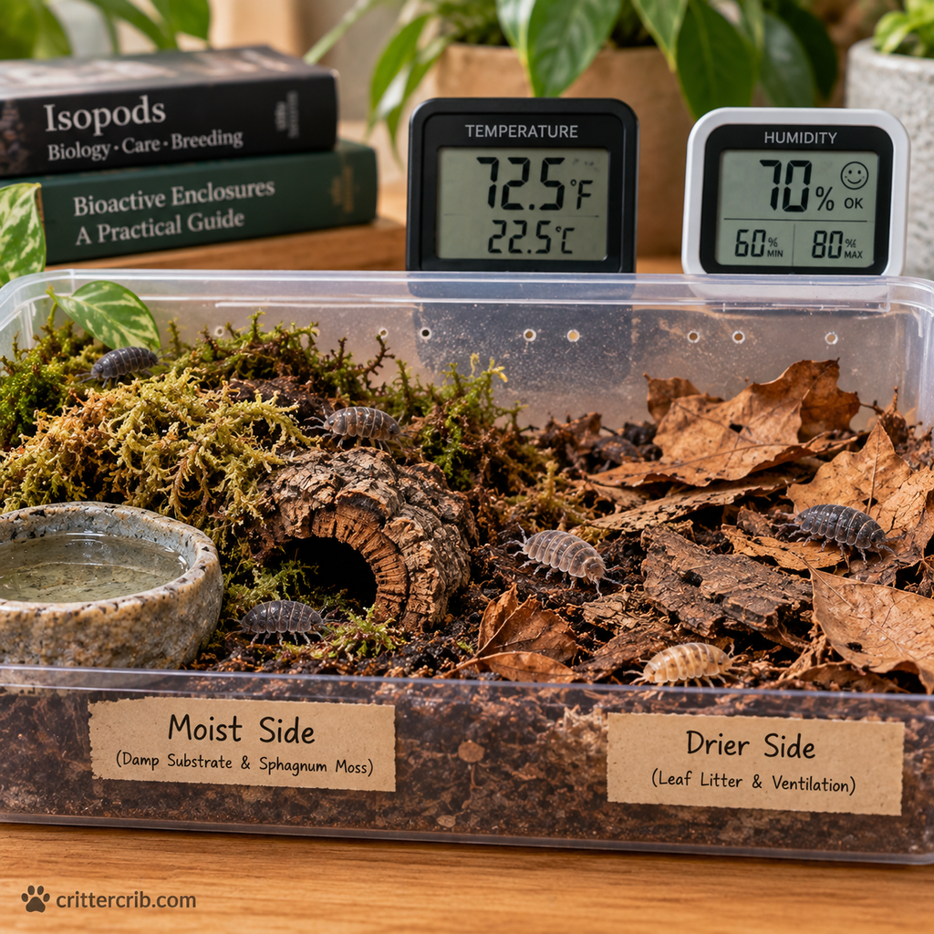 Isopod enclosure with moist and dry zones for maintaining proper temperature and humidity