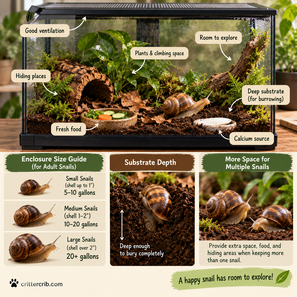 Land snail enclosure showing deep substrate, ventilation, hiding places, climbing space, food, and calcium