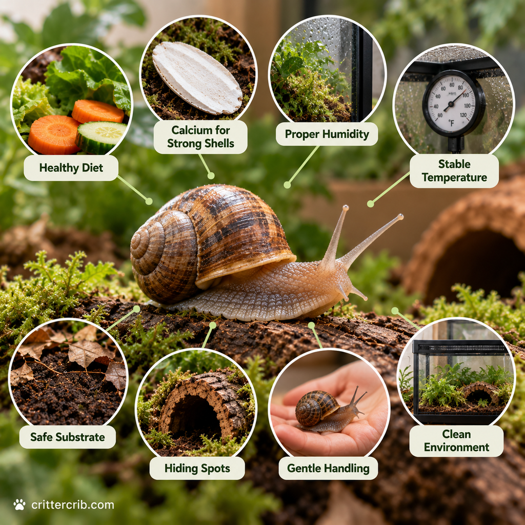 Land snail with healthy diet, calcium, humidity, temperature, substrate, hiding spots, handling, and enclosure care.