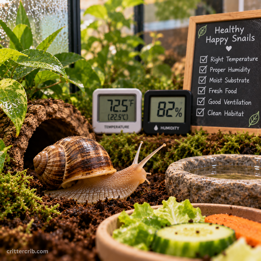 Land snail in a moist terrarium with temperature and humidity monitors