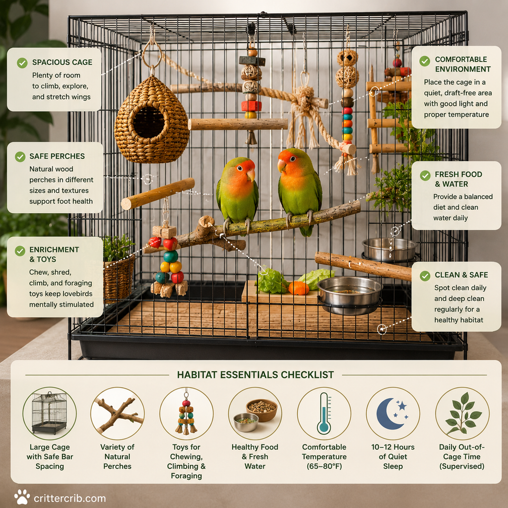 Two lovebirds in a spacious cage with natural perches, toys, food, water, and enrichment