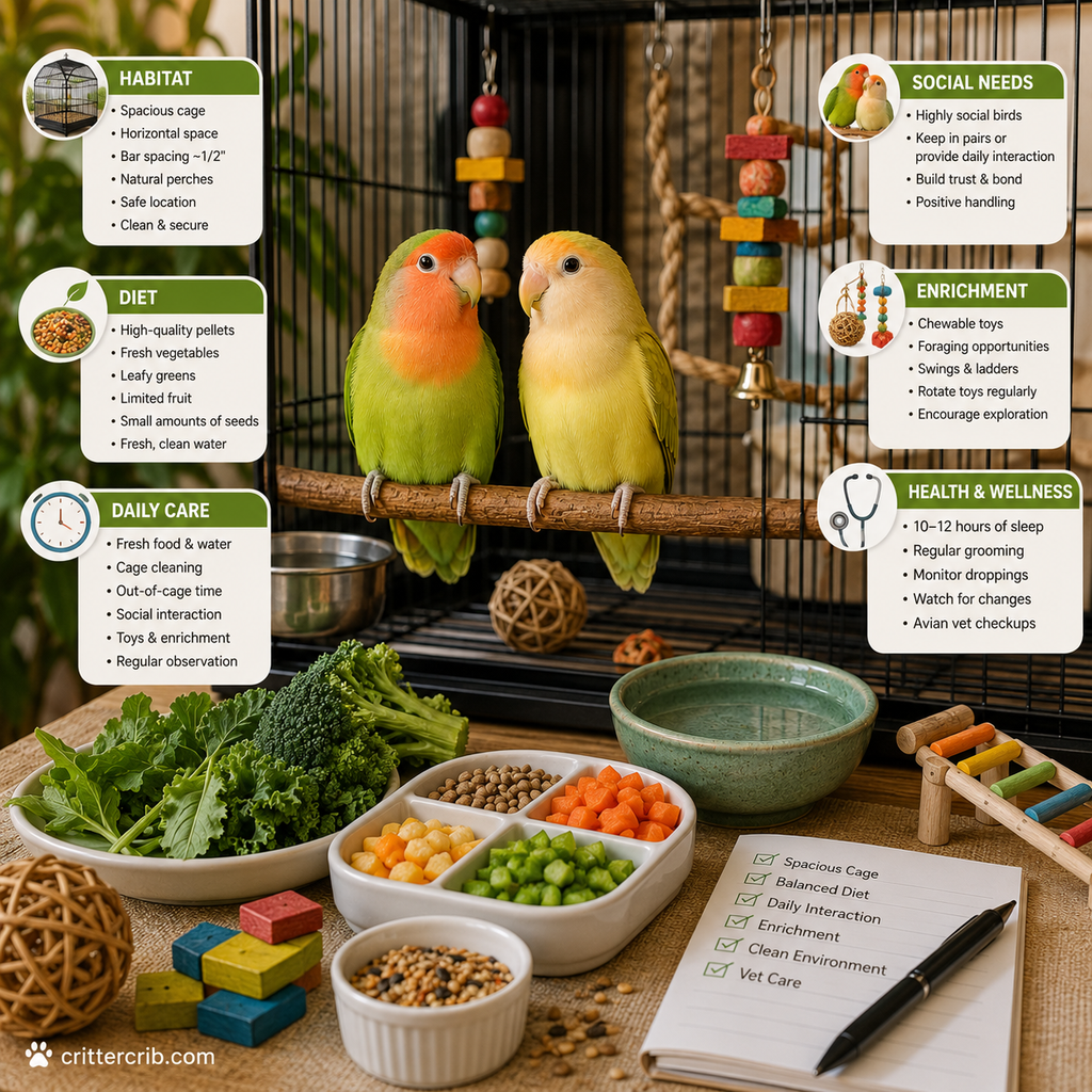 Lovebird care guide showing a spacious cage, healthy diet, fresh water, toys, enrichment, and daily care essentials