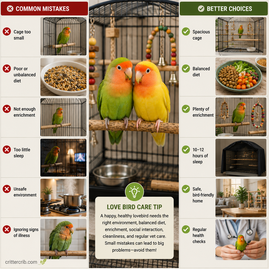 Lovebird care comparison showing common mistakes and better choices for cage size, diet, enrichment, sleep, safety, and health.