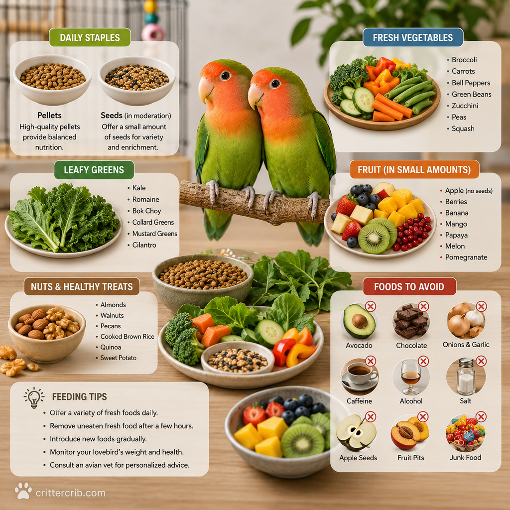 Lovebird diet guide showing pellets, seeds, vegetables, leafy greens, fruit, nuts, and foods to avoid