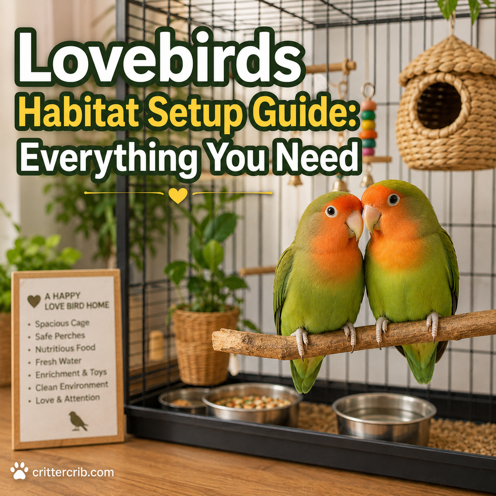 Two lovebirds perched together in a spacious cage with perches, toys, food, and water