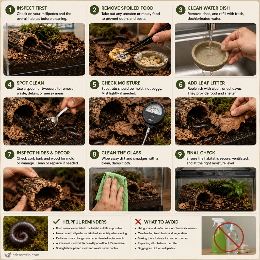 Safe millipede habitat cleaning routine showing spot cleaning, moisture checks, leaf litter replacement, and enclosure maintenance