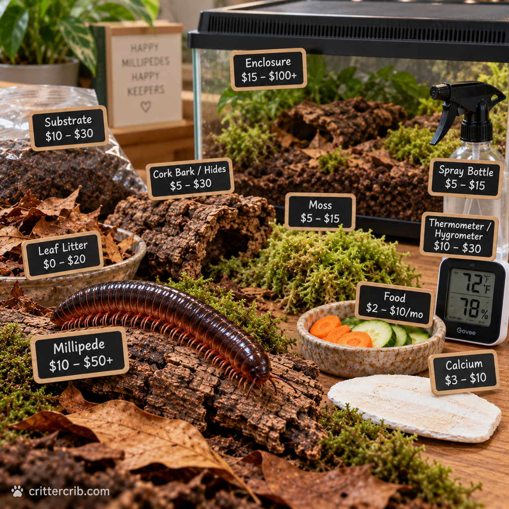 Millipede setup with enclosure, substrate, leaf litter, cork bark, moss, food, calcium, mister, and estimated costs.