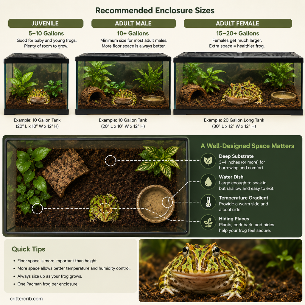 Pacman frog enclosure size guide showing recommended tank sizes for juveniles and adults